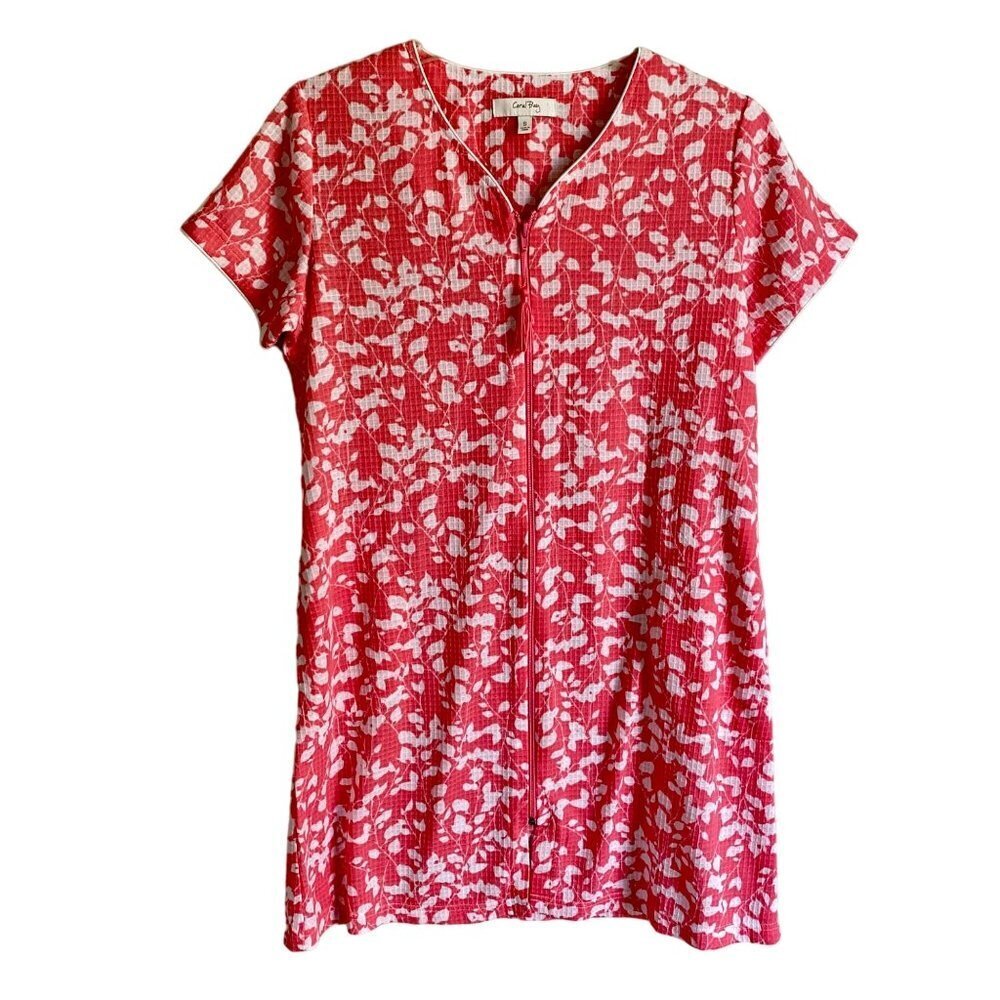 Coral Bay Pink White Floral Waffle Full Zip Up Duster Robe Housecoat Small NEW